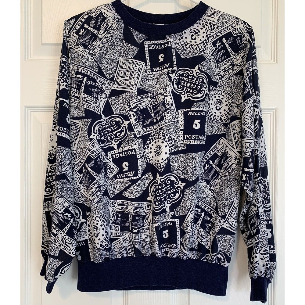 Vintage Shapely Popover Top Blouse Postage Stamps Long Sleeve Gathered Waist